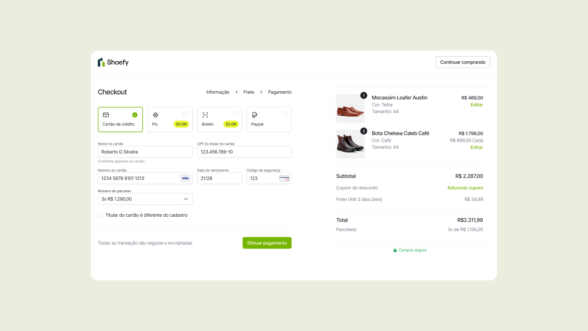 Case checkout: Tela do checkout, página de meio de pagsmento