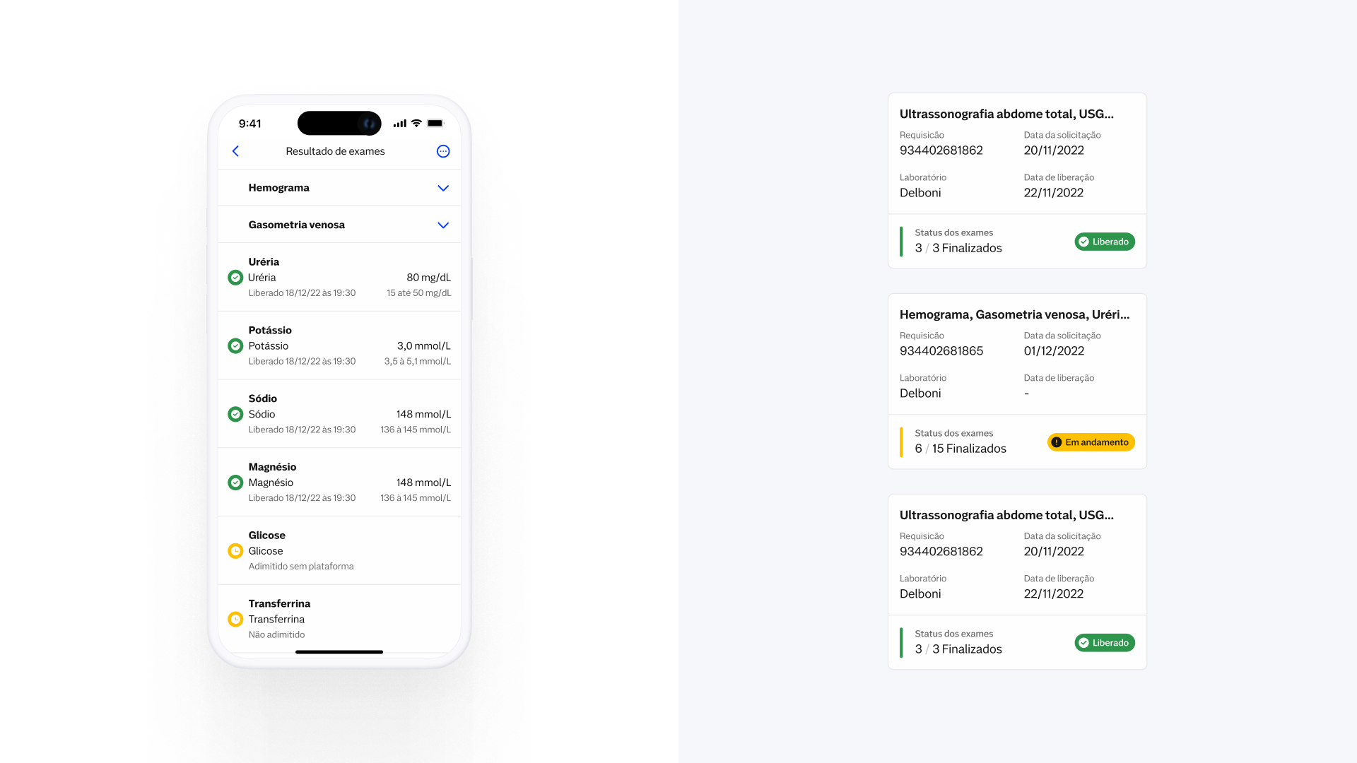 Case Dasa: Tela dividida ao meio, do lado esquerdo a tela do app e do lado direito 3 cards do painel de exames empilhados