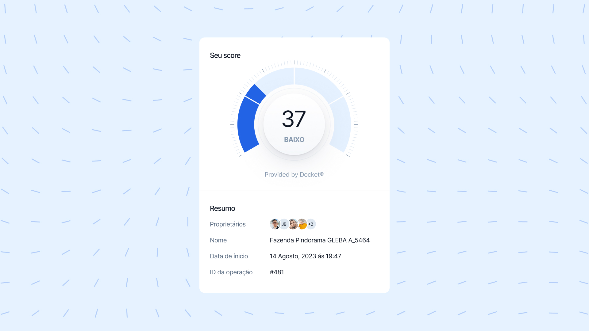Case Docket: Retangulo branco no centro com um indicador de score marcando o número 37/100.