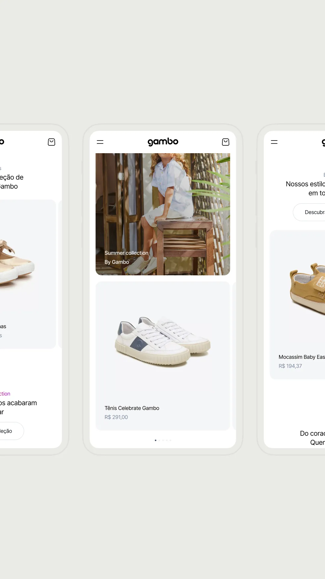 Case Gambo: 3 telas do aplicado alinhados na horizontal